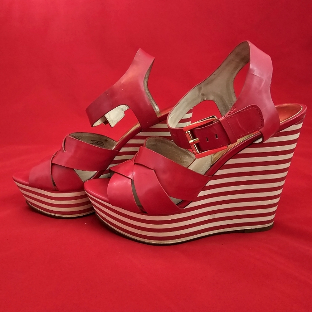 Michael Kors red patent leather striped wedge platform sandal